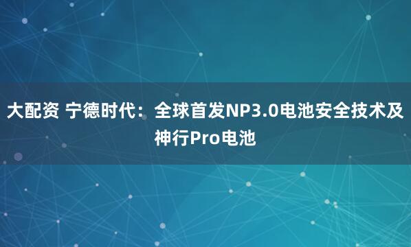 大配资 宁德时代：全球首发NP3.0电池安全技术及神行Pro电池